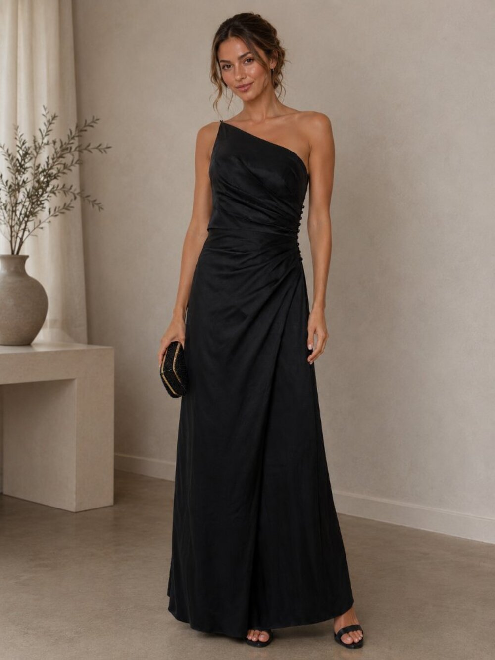 Galina Signature One Shoulder Black Satin Black Tie Gown Size 4